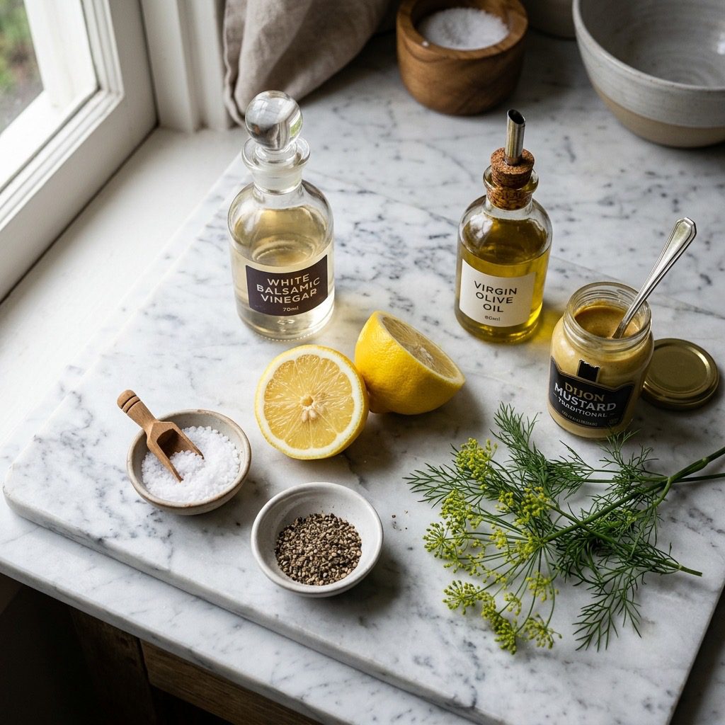 Overhead prep shot of white balsamic vinegar, fresh lemon, virgin olive oil, kosher salt, black pepper, Dijon mustard, and fresh dill