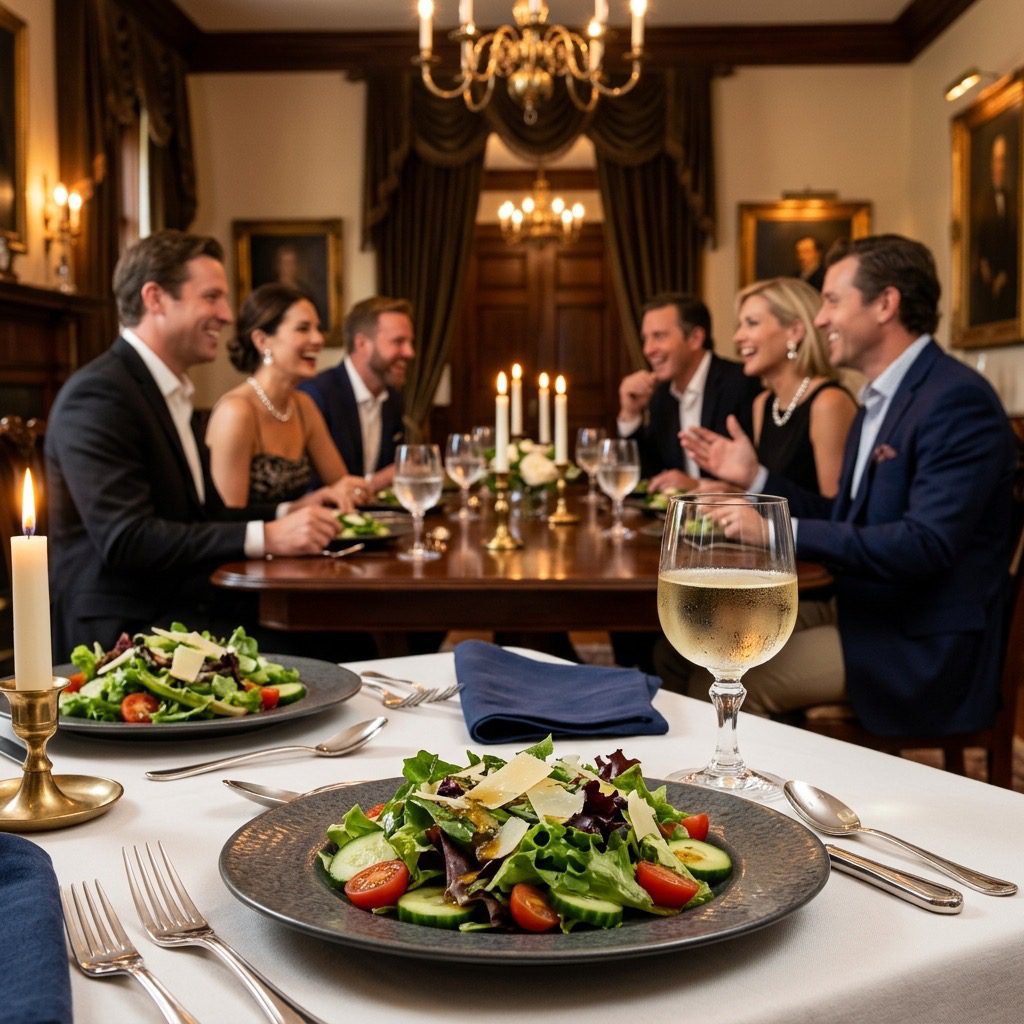 An elegant, formal dinner table setting featuring a crisp green salad glistening with Lemon Balsamic Vinaigrette, with a dinner party in the background