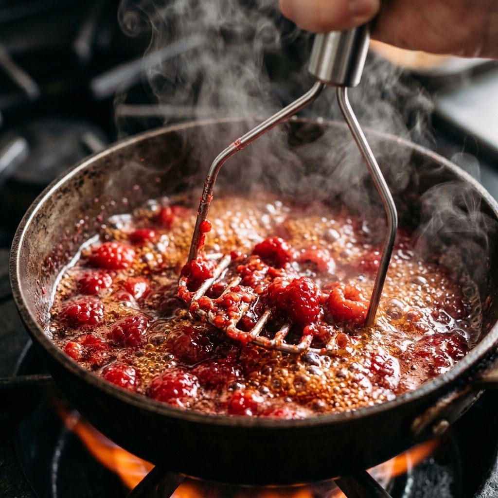 Extreme close-up action shot using a potato masher to crush raspberries simmering in bubbling maple syrup