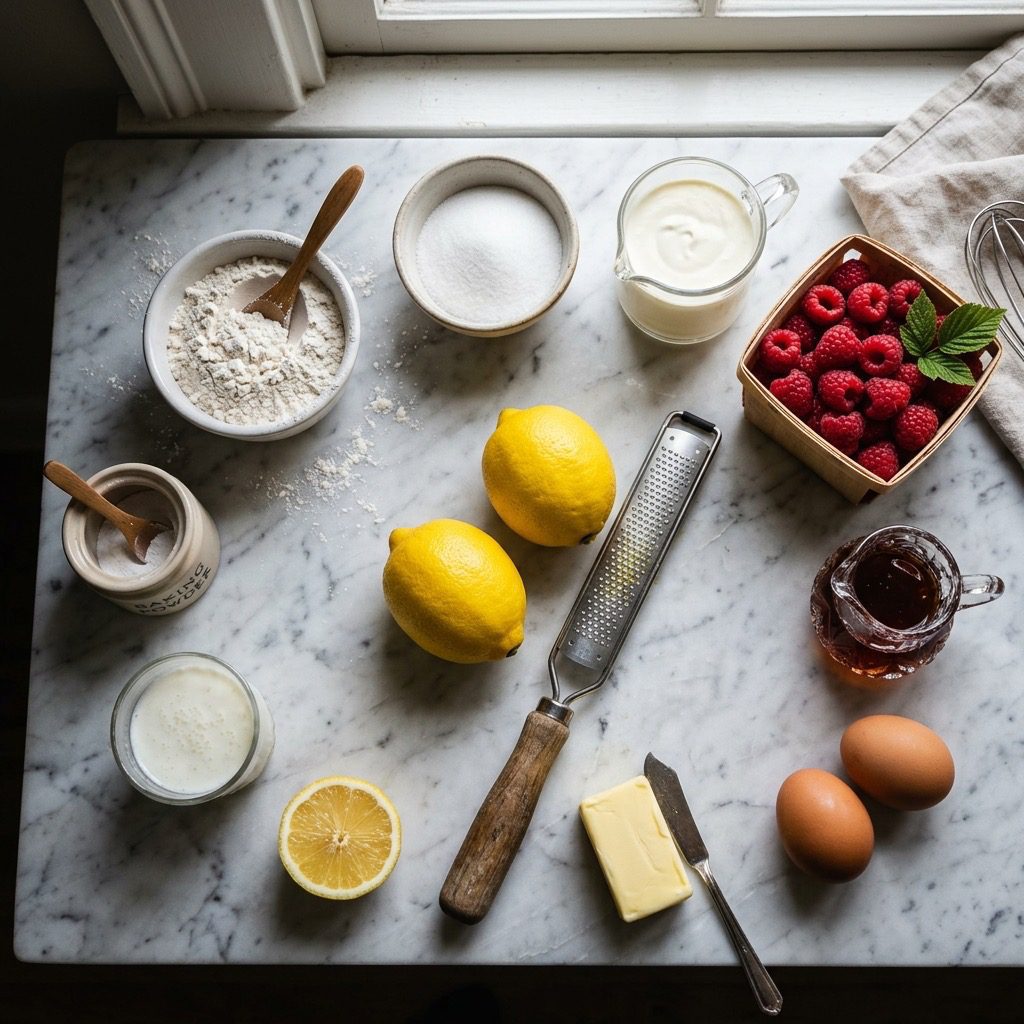Overhead prep shot of lemons, zester, flour, sugar, cream, raspberries, maple syrup, baking powder, buttermilk, butter, and eggs on marble