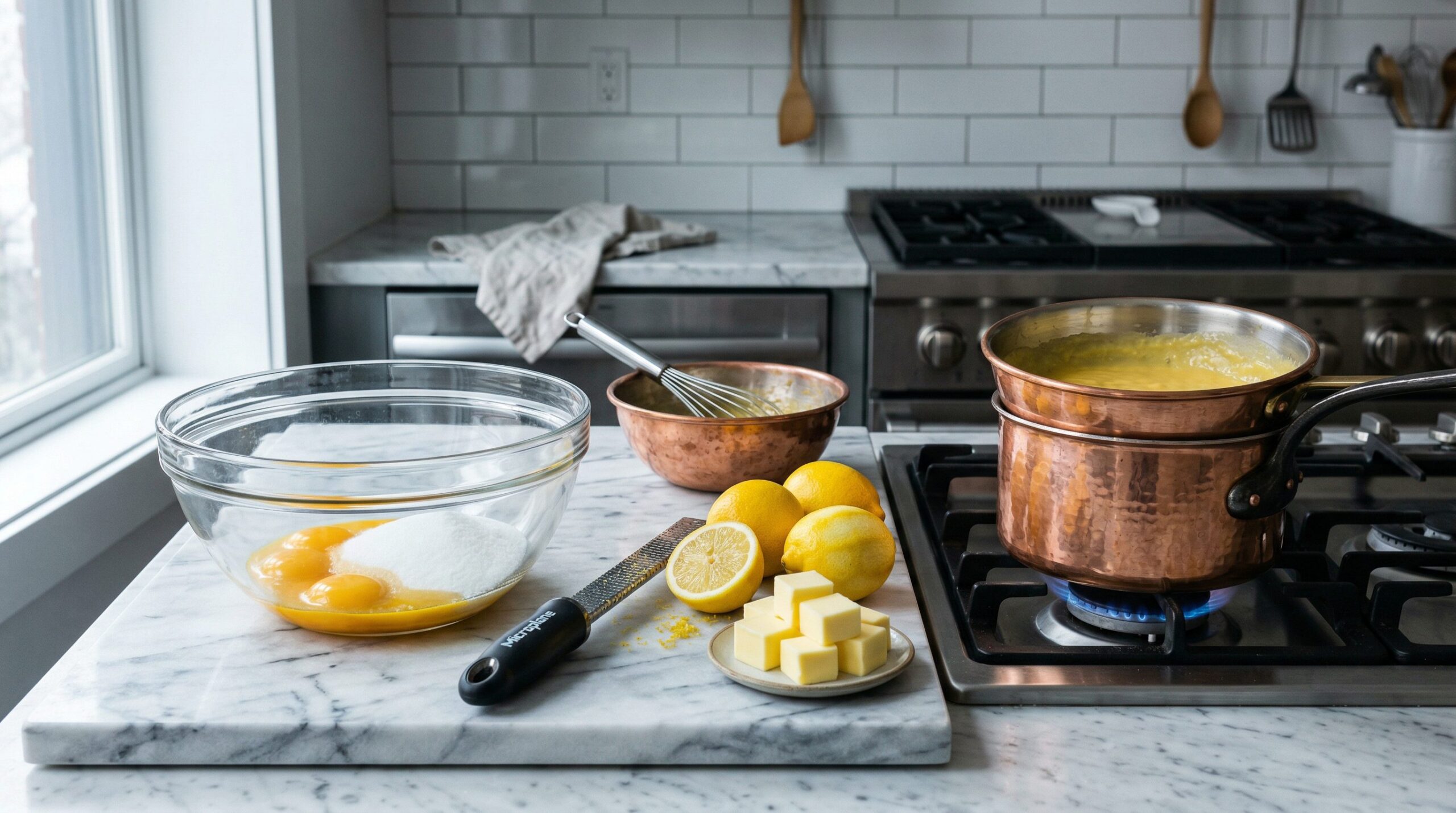 Ingredients for Lemon Curd Parfaits arranged for preparation