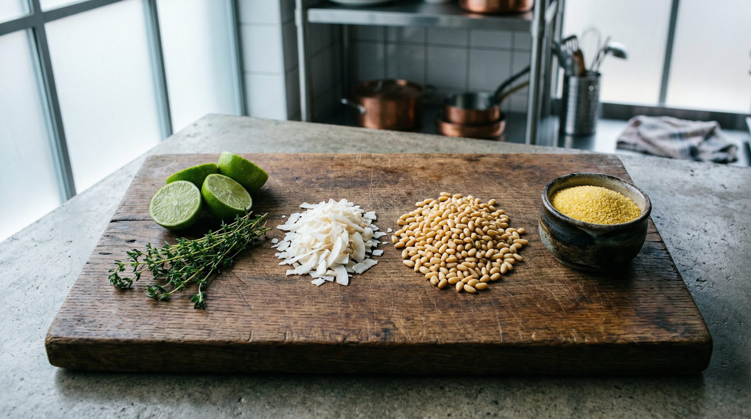 Ingredients for Lime and Toasted Coconut Biscotti arranged for preparation