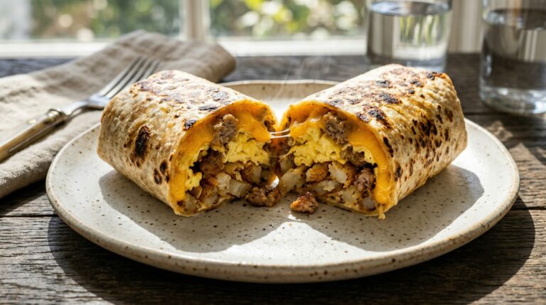 Stunning plated serving of Loaded Hot Breakfast Burritos, a chef-tested recipe by Chef Jorj Morgan.