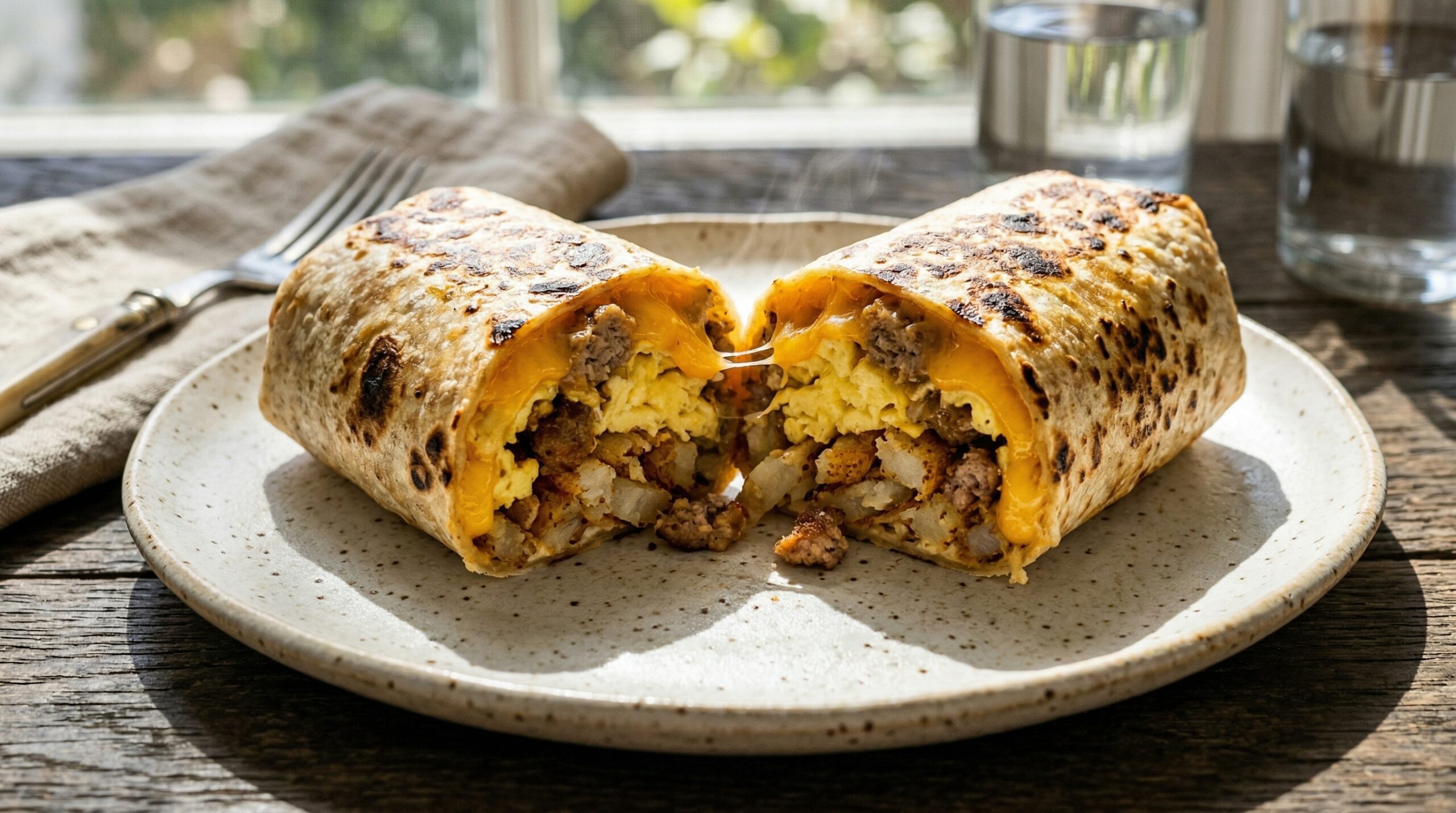 Stunning plated serving of Loaded Hot Breakfast Burritos, a chef-tested recipe by Chef Jorj Morgan.