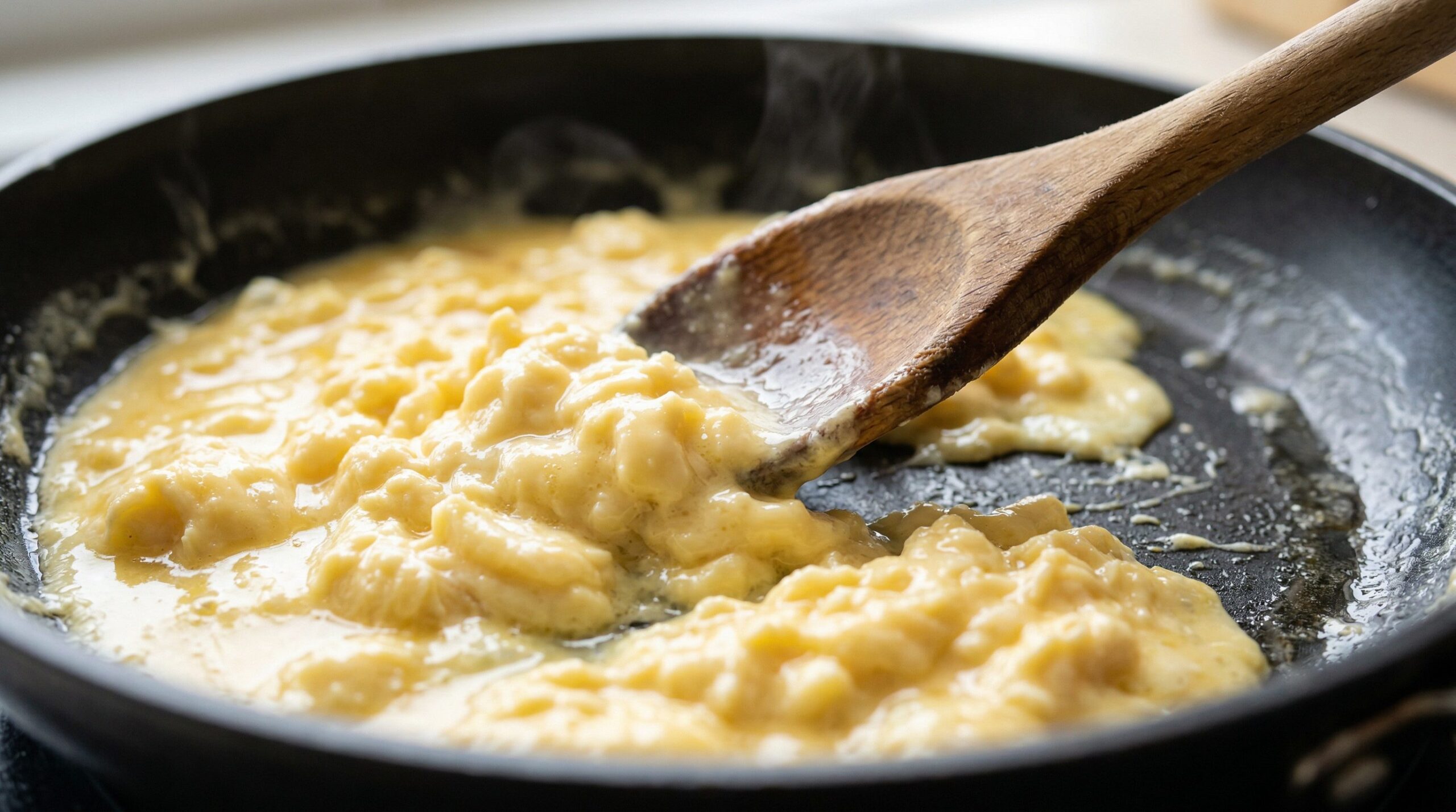 Soft French scrambled eggs forming small silky curds as they are stirred over low heat