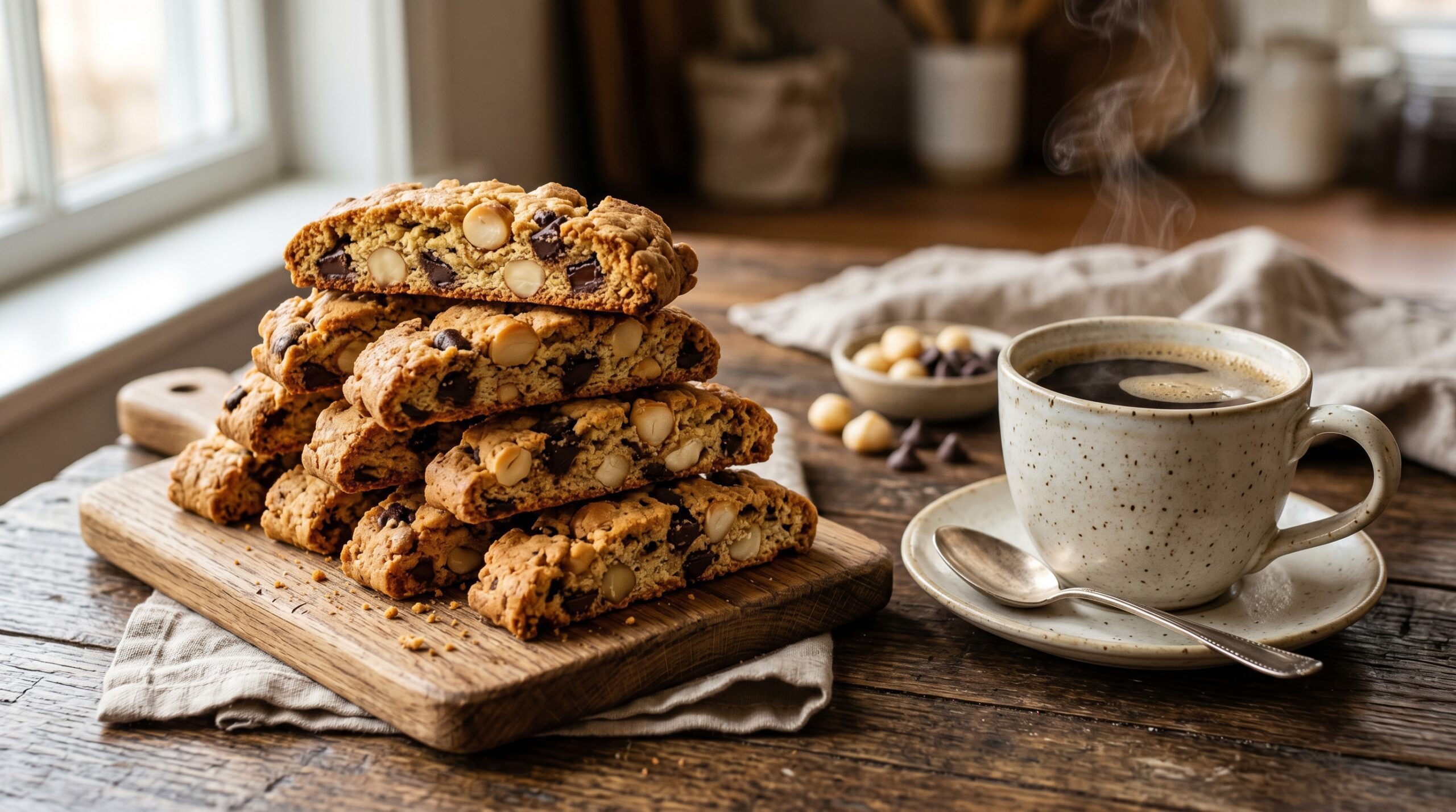 Stunning plated serving of Macadamia Chocolate Chip Biscotti, a chef-tested recipe by Chef Jorj Morgan.