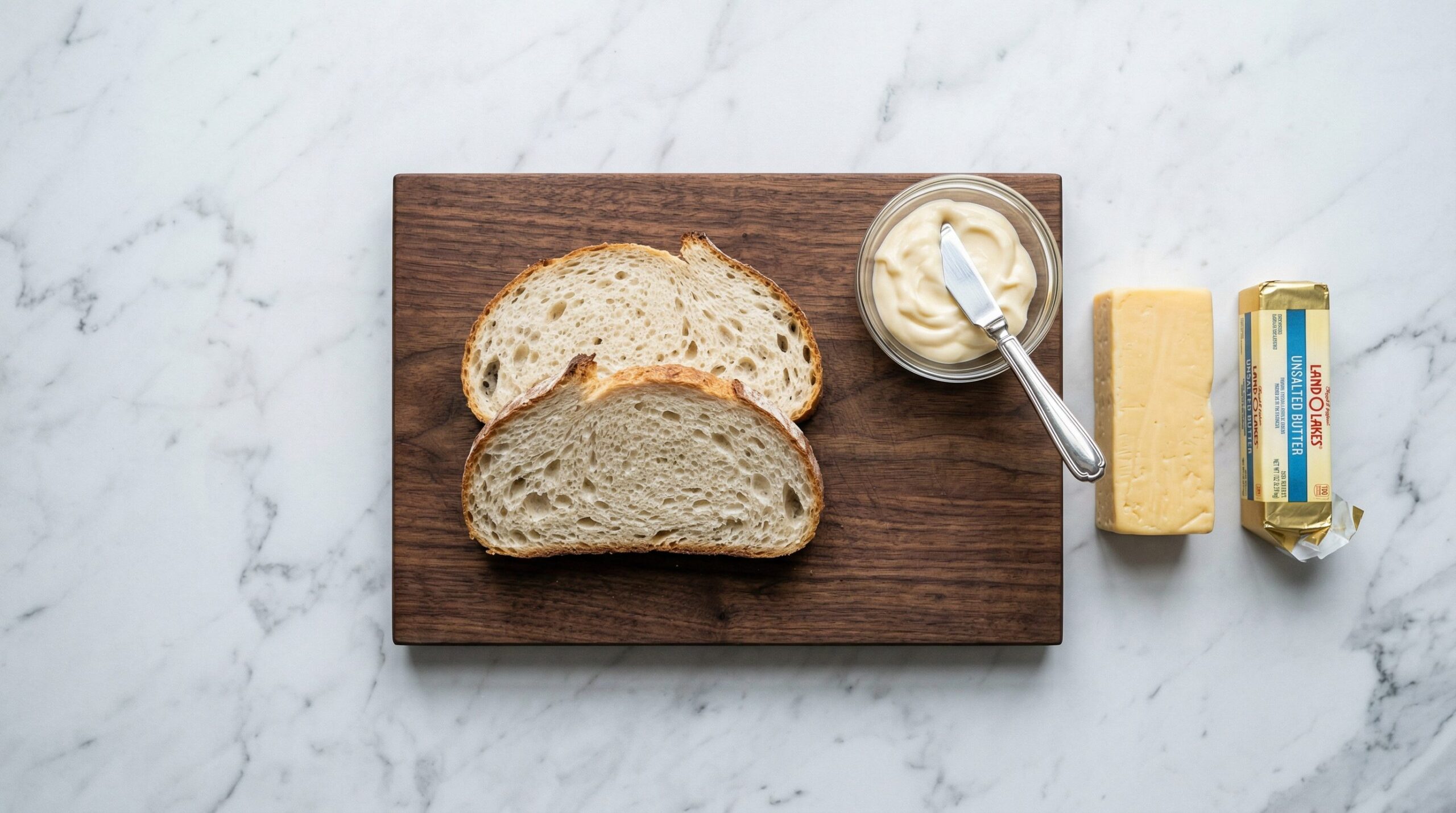 Two slices of thick artisanal bread being spread edge to edge with mayonnaise beside slices of premium melting cheese
