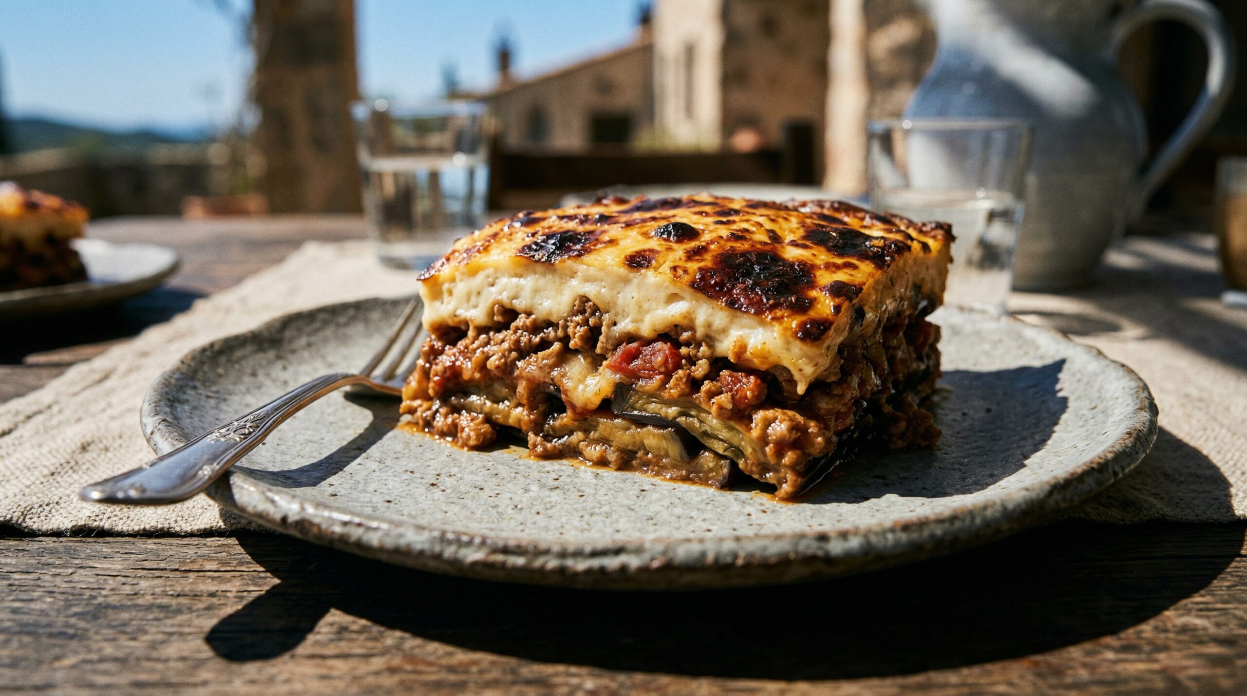 Stunning plated serving of Moussaka Casserole, a chef-tested recipe by Chef Jorj Morgan.