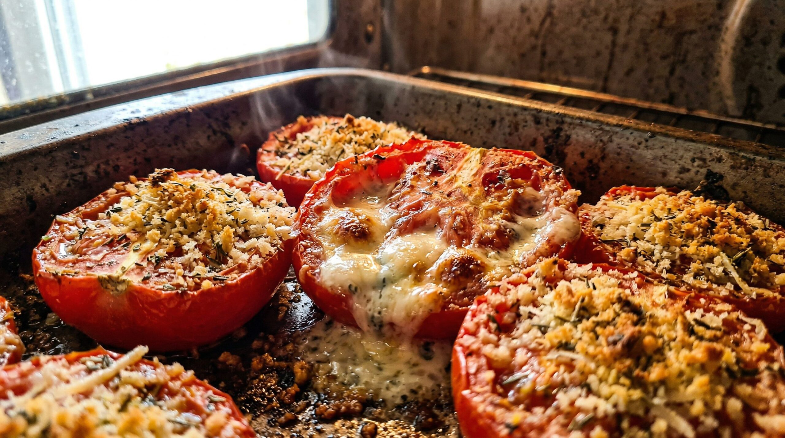 Gorgonzola melting and turning golden over roasted plum tomato halves