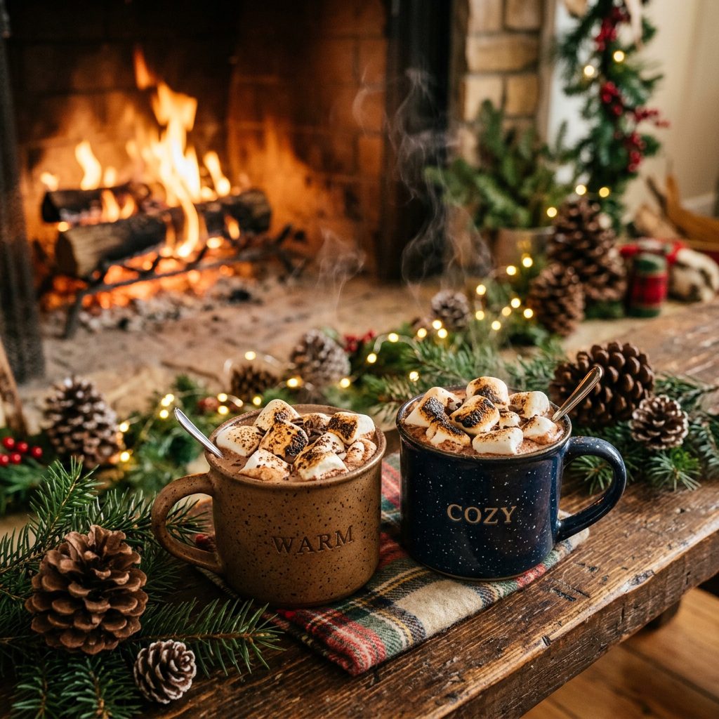Cozy holiday mugs by the fireplace