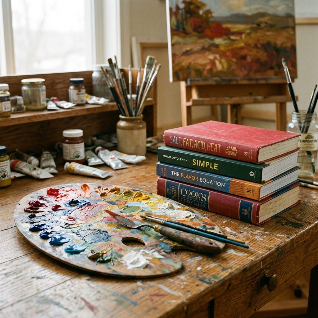 Artist paint palette next to cookbooks