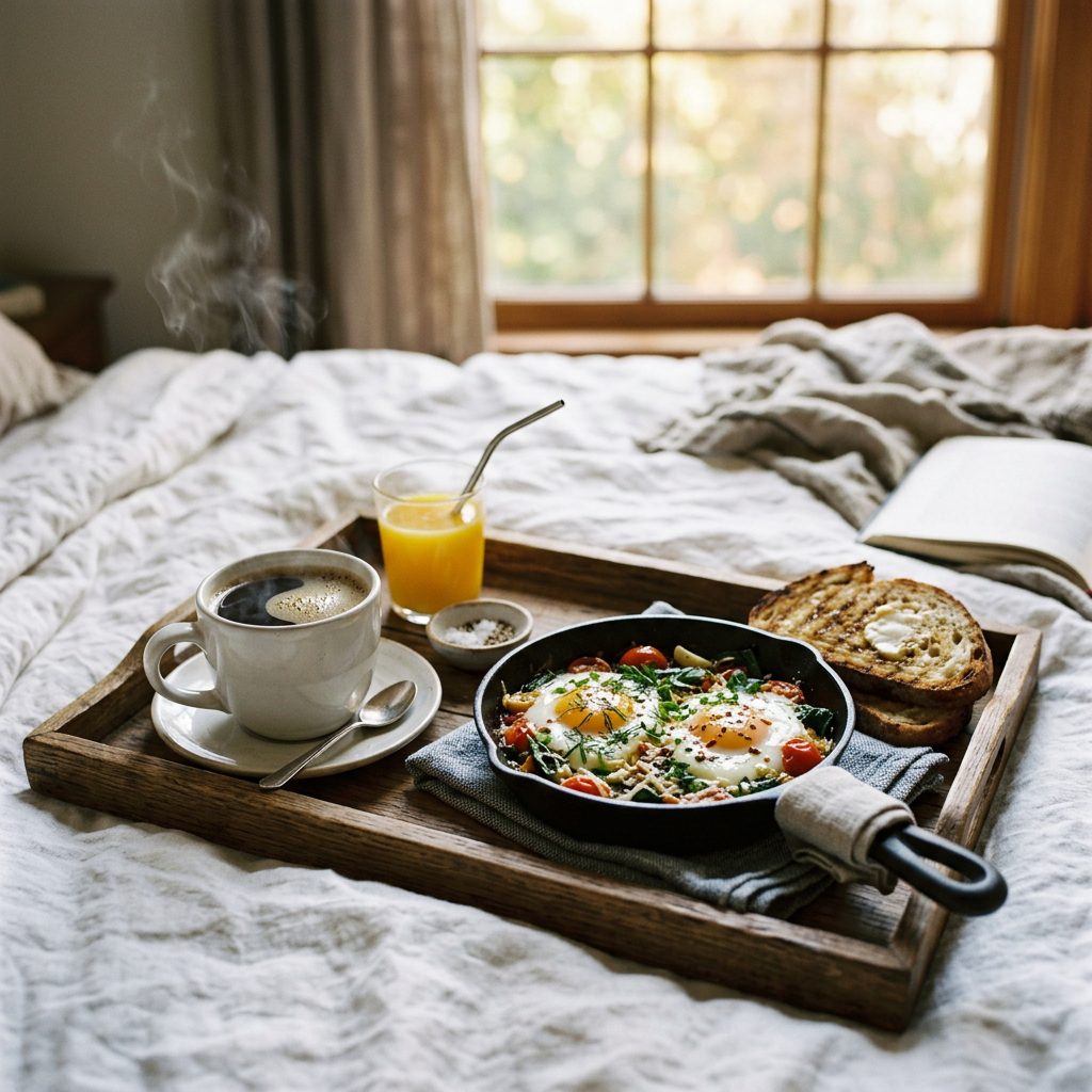 Breakfast Tray with Coffee and Skillet Eggs