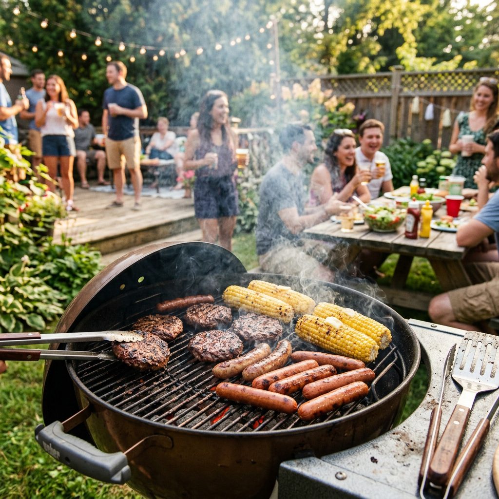 Barbecue grill filled with burgers and hot dogs