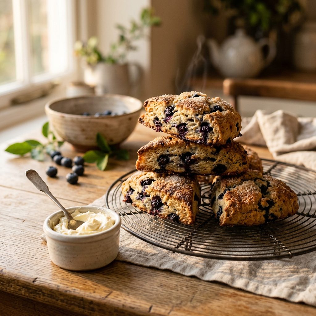 Freshly baked blueberry scones stack