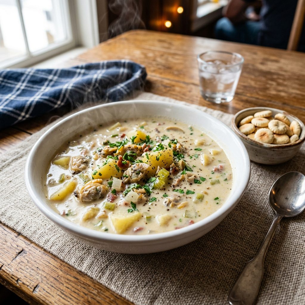 Fresh seafood clam chowder bowl
