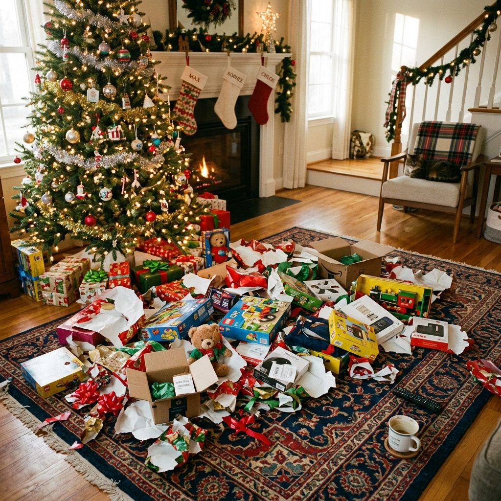 Christmas morning gift opening chaos