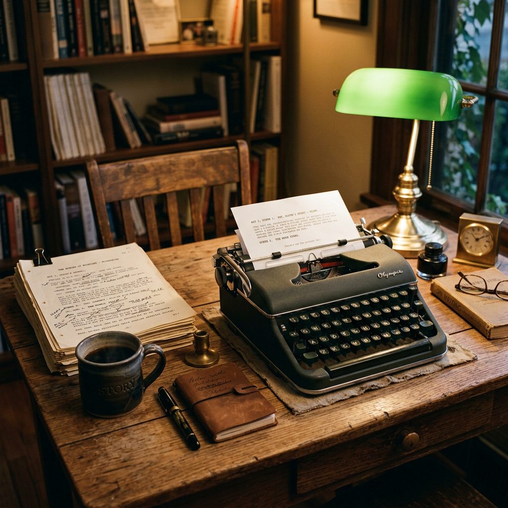 Writer's desk with scripts and typewriter