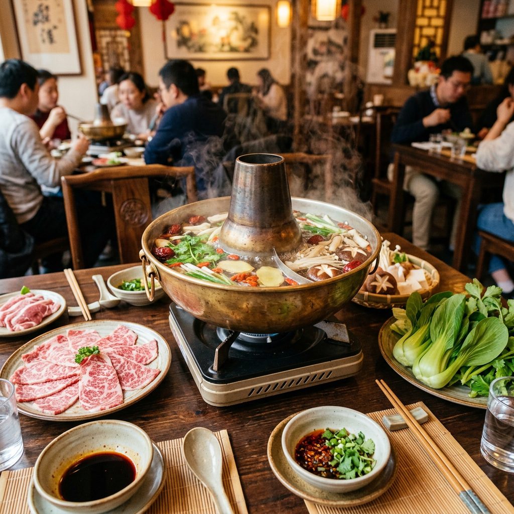 Steaming Chinese hot pot table setting