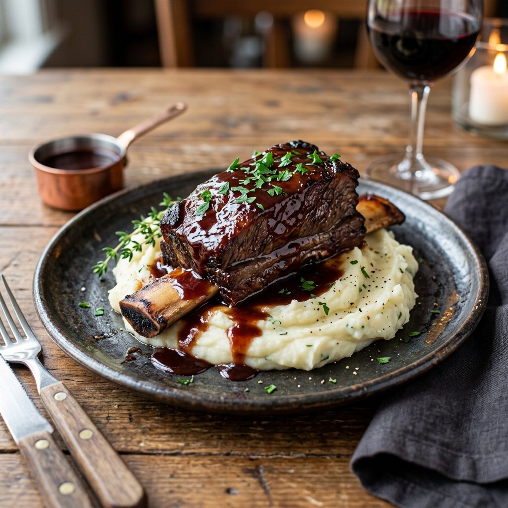 Slow-cooked short ribs over mashed potatoes