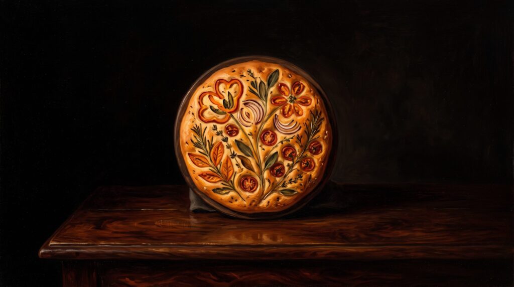 Golden brown focaccia bread beautifully decorated with fresh herbs, cherry tomatoes, and olives to resemble a vibrant flower garden.