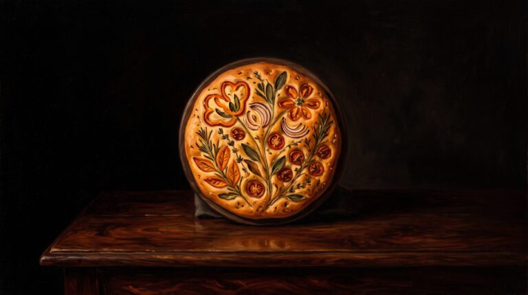 Golden brown focaccia bread beautifully decorated with fresh herbs, cherry tomatoes, and olives to resemble a vibrant flower garden.