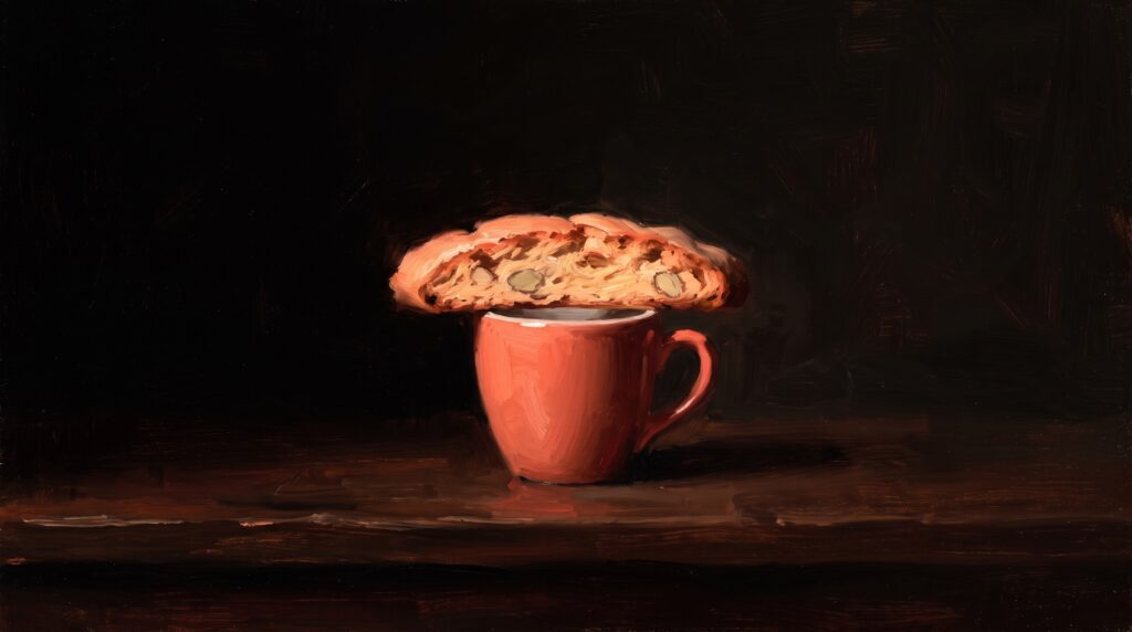 A crisp, almond biscotti resting beside a warm cup of cappuccino with frothy milk foam.