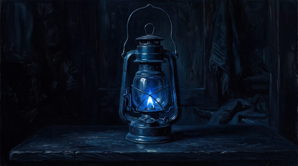 A warm, candlelit room with a crackling fireplace, offering a safe and cozy haven during a storm.