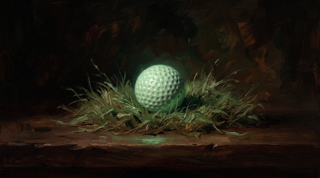 A tranquil, misty morning view of a lush green golf course tee box nestled in the mountains.