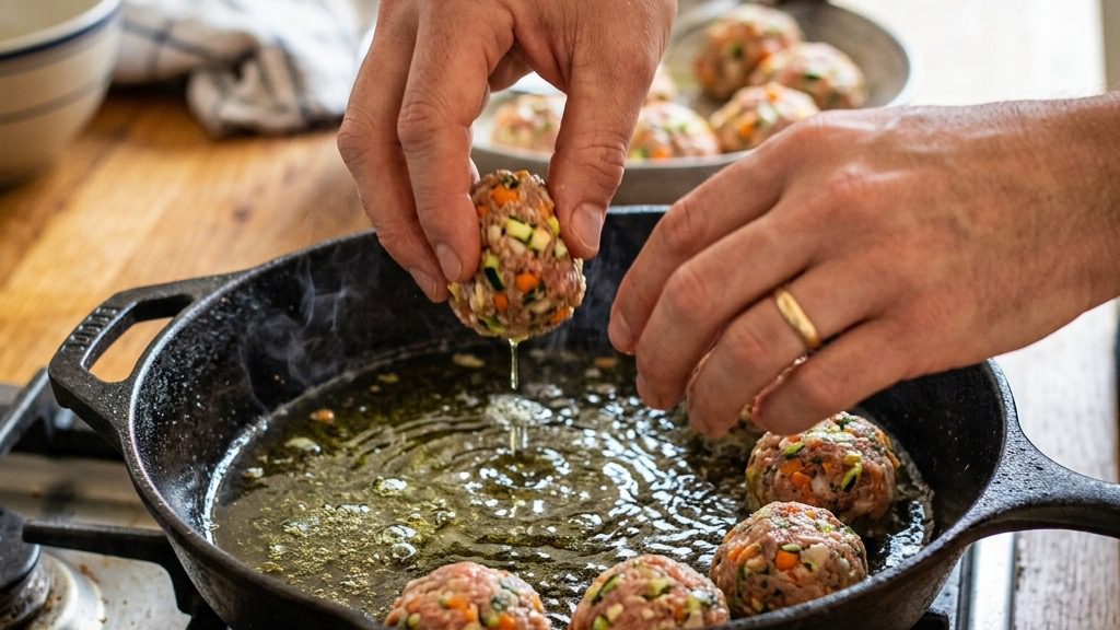 Baked meatballs nestled in marinara sauce and draped with slices of Muenster cheese