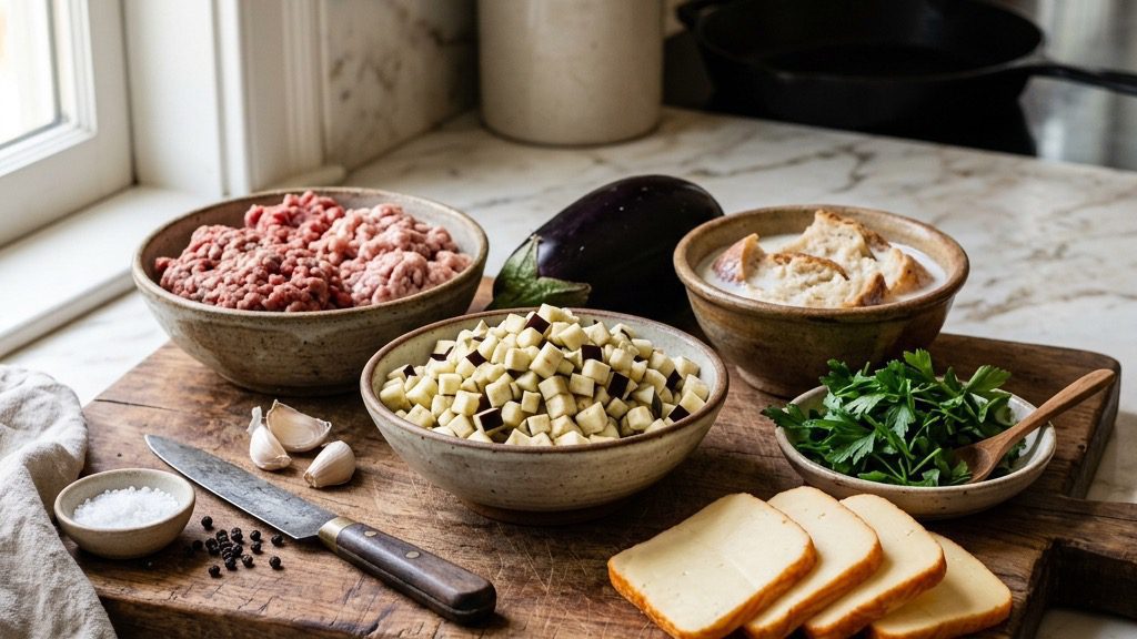 Diced eggplant, ground meat, soaked bread, eggs, and herbs arranged to make eggplant meatballs