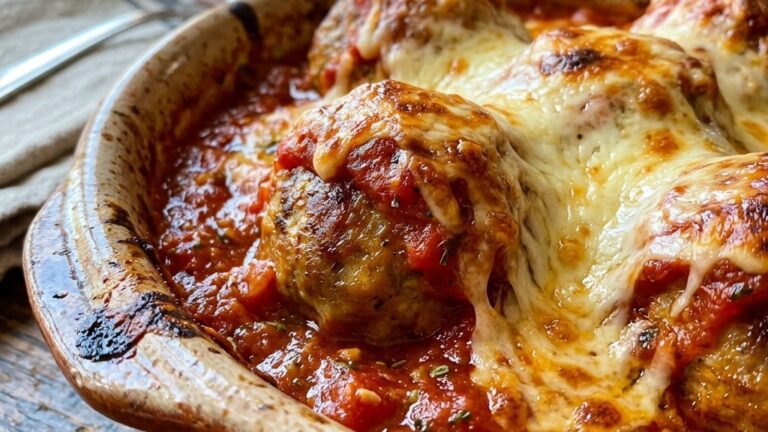 Stunning plated serving of Muenster-Baked Eggplant Meatballs, a chef-tested recipe by Chef Jorj Morgan.
