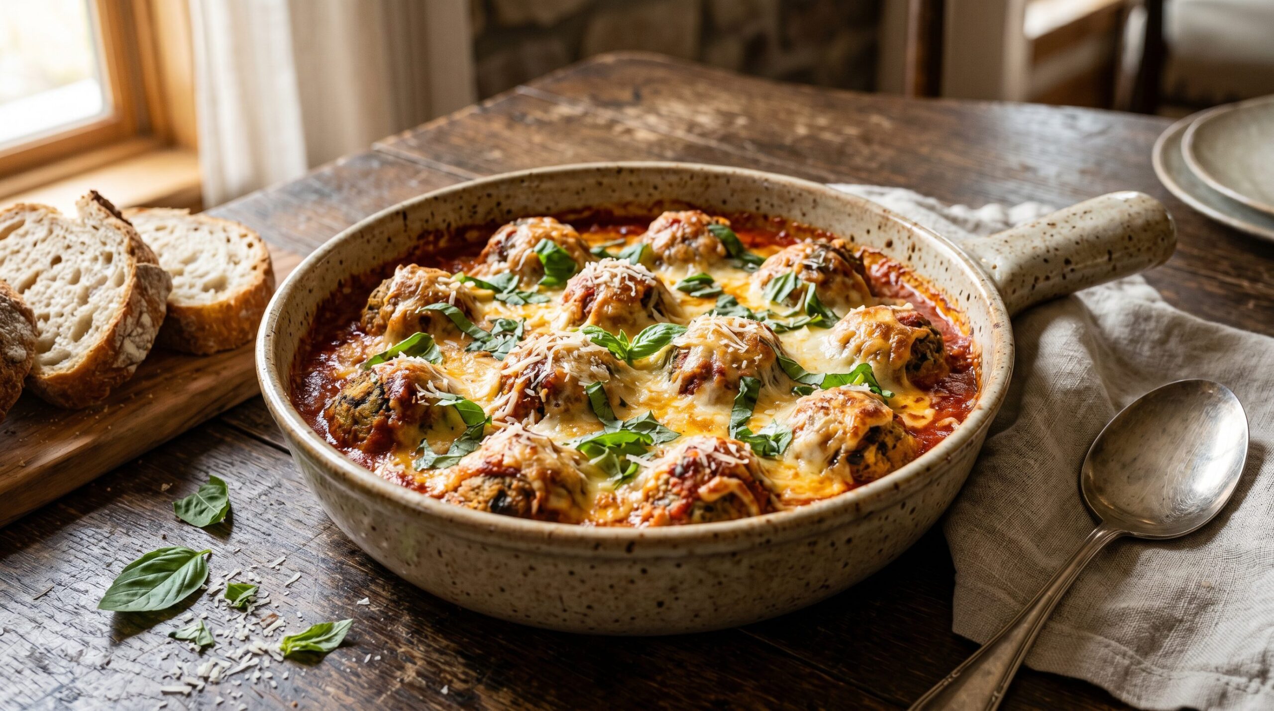 Stunning plated serving of Muenster-Baked Eggplant Meatballs, a chef-tested recipe by Chef Jorj Morgan.