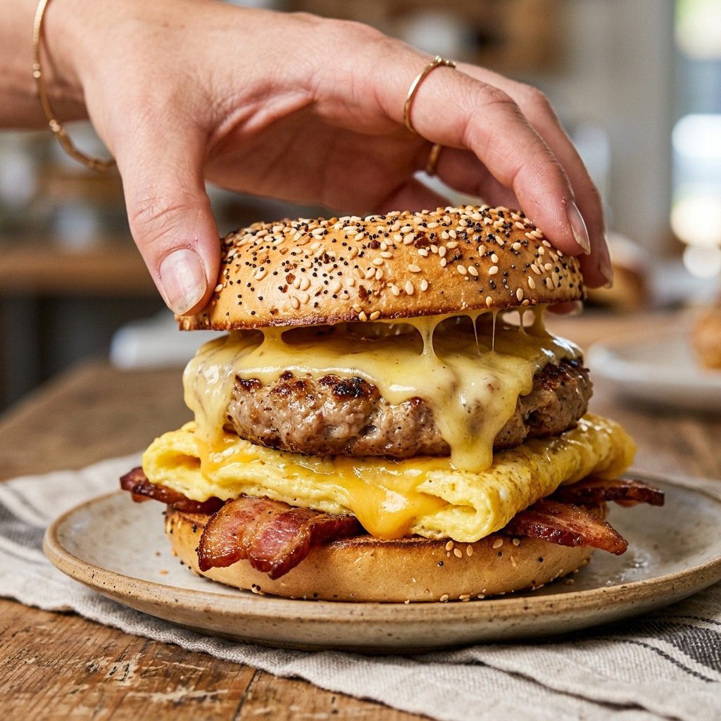 Extreme close-up action shot of a hand placing the top of an everything bagel onto a hot breakfast sandwich with melting cheese