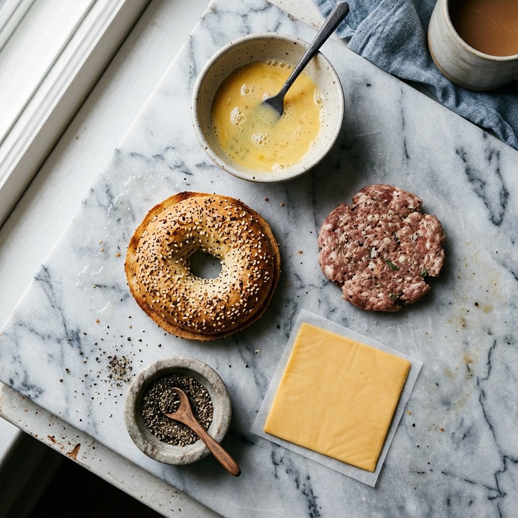 Overhead prep shot of a toasted thin-sliced everything bagel, a raw sausage patty, American cheese, whisked eggs, and black pepper on marble