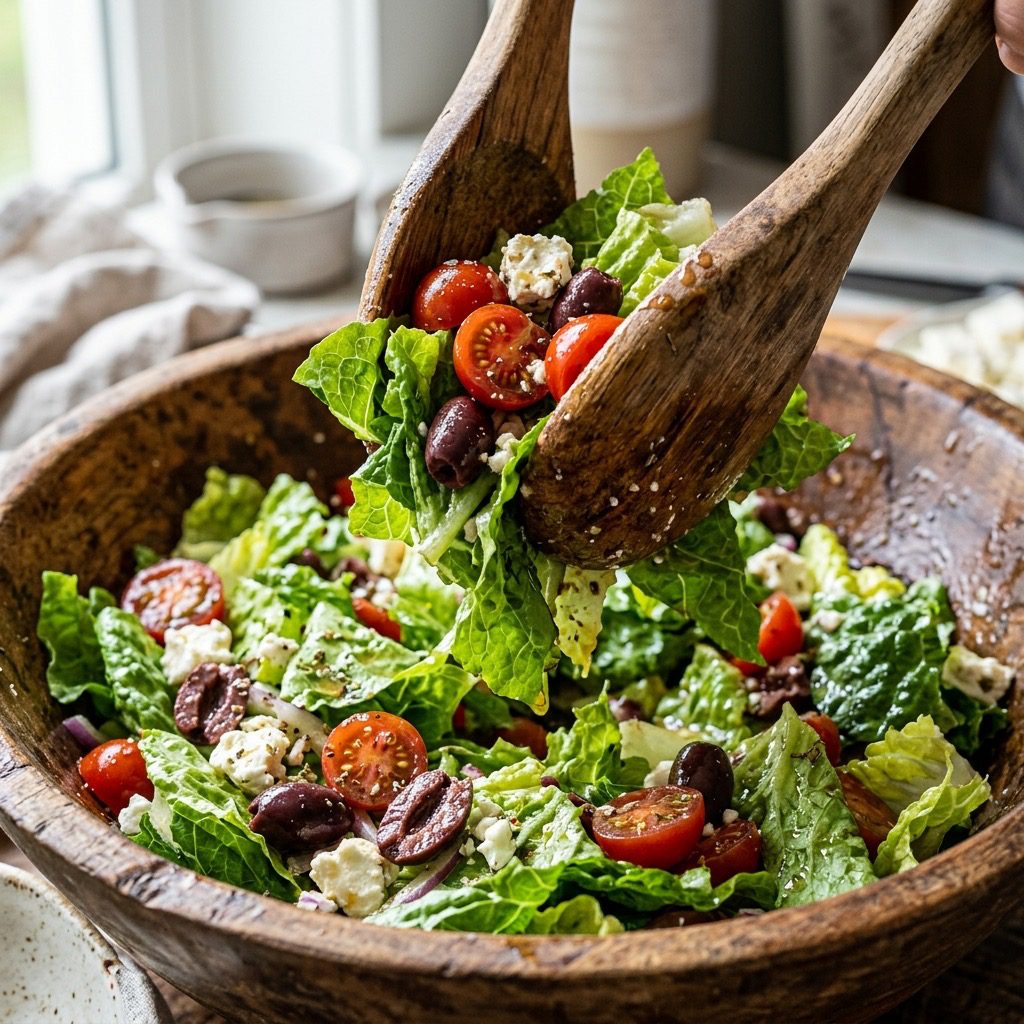 Extreme close-up action shot tossing vibrant salad greens, tomatoes, olives, and feta cheese with wooden tongs