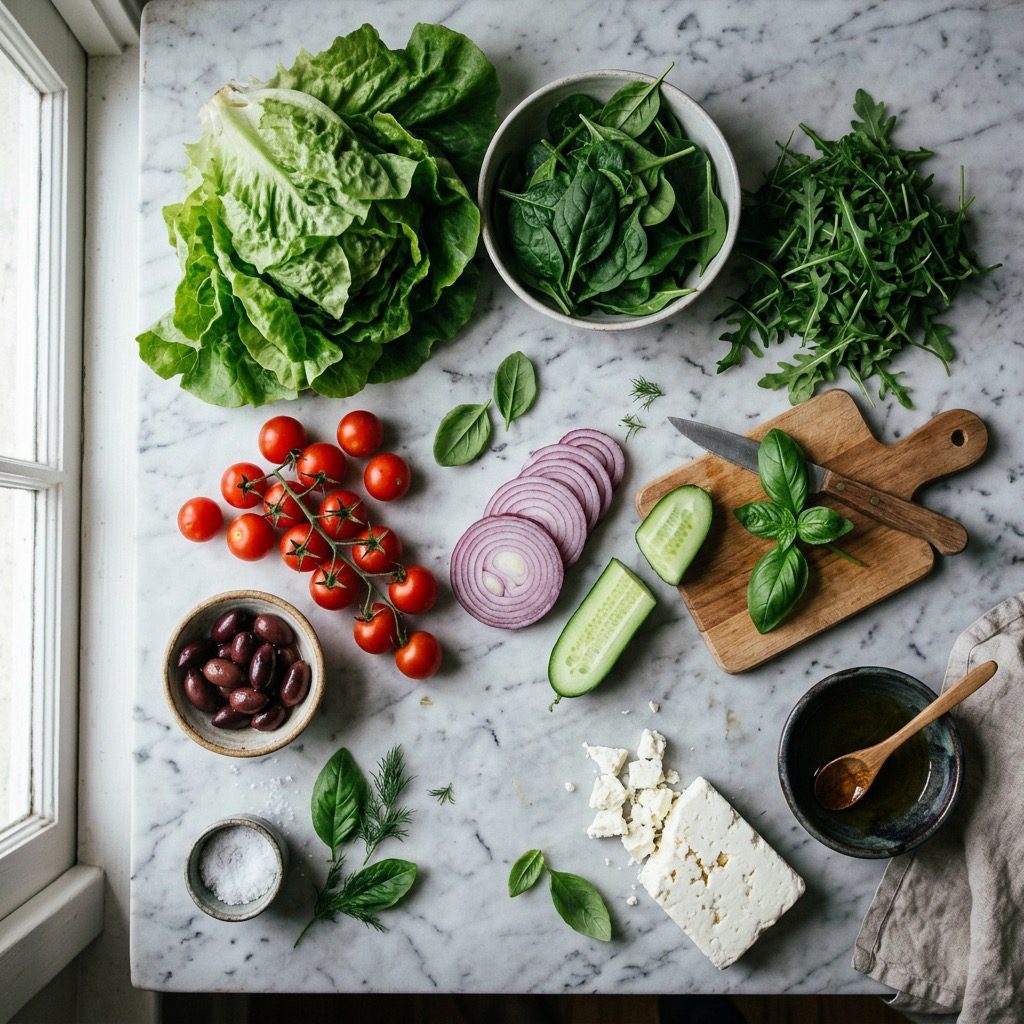 Overhead prep shot of fresh lettuces, baby tomatoes, cucumber, red onion, basil, Kalamata olives, and feta cheese