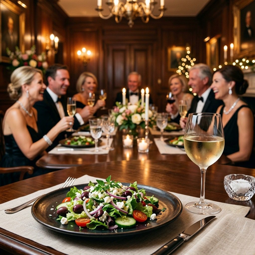 An elegant, formal dinner table setting featuring a crisp serving of Green Salad with olives and feta, with a dinner party in the background
