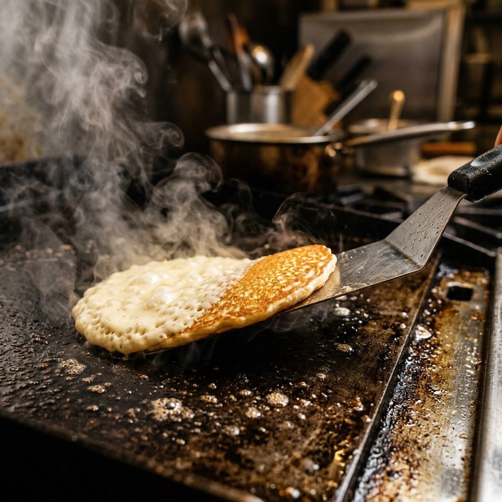Extreme close-up action shot sliding a spatula under a bubbling pancake on a hot griddle
