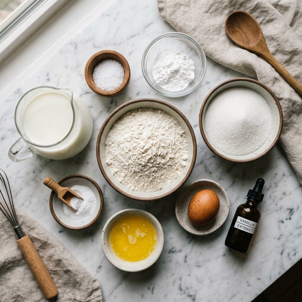 Overhead prep shot of flour, sugar, baking powder, baking soda, salt, milk, egg, melted butter, and vanilla on marble