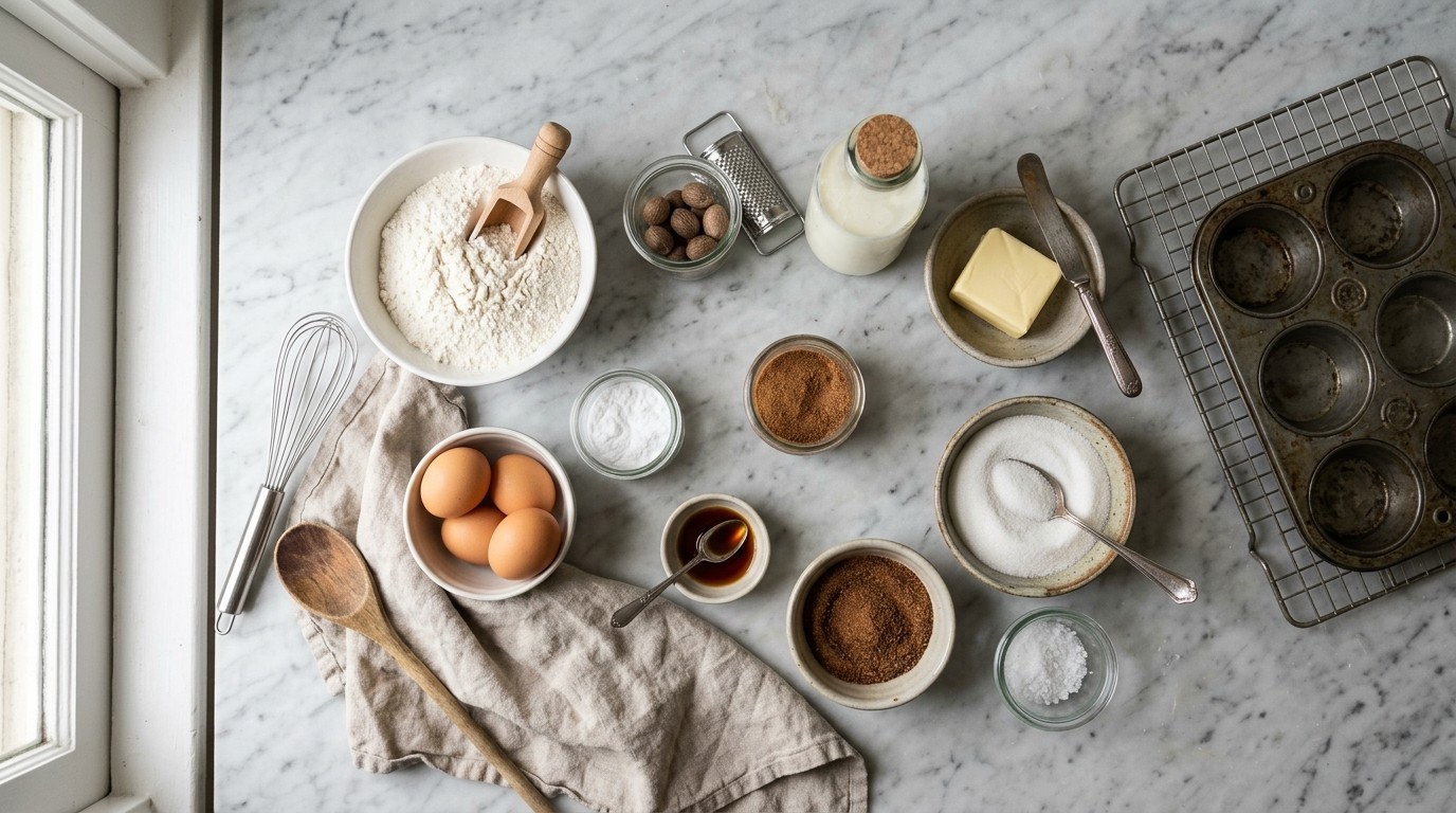 Flour, buttermilk, nutmeg, and cinnamon-sugar arranged for Sugared Doughnut Muffins