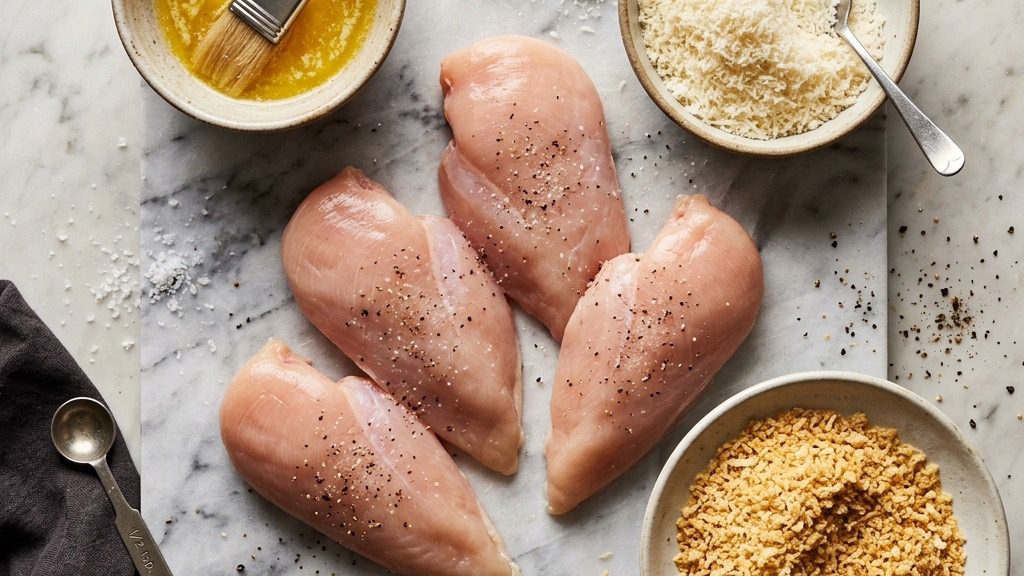Ingredients for Parmesan Panko Chicken Fingers arranged for preparation