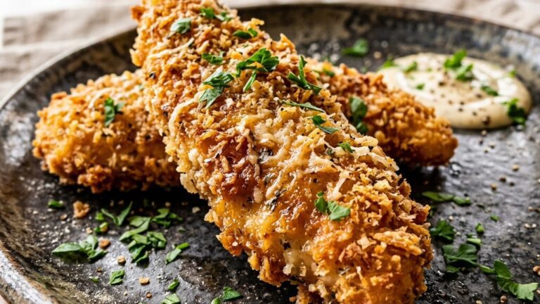 Stunning plated serving of Parmesan Panko Chicken Fingers, a chef-tested recipe by Chef Jorj Morgan.