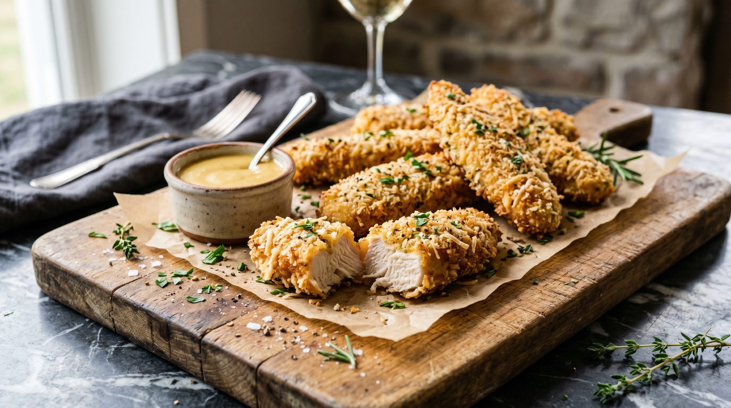 Stunning plated serving of Parmesan Panko Chicken Fingers, a chef-tested recipe by Chef Jorj Morgan.
