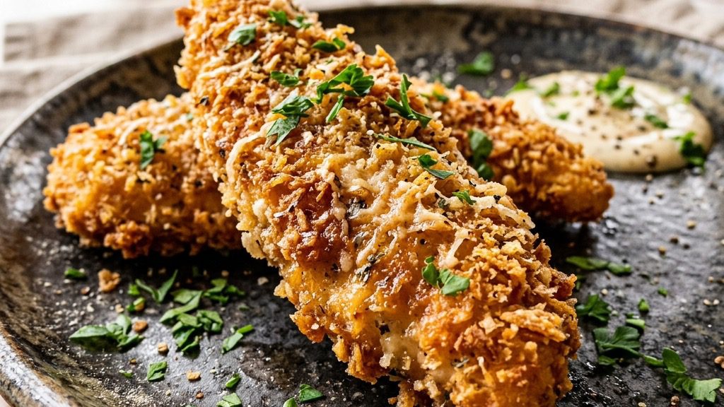 Stunning plated serving of Parmesan Panko Chicken Fingers, a chef-tested recipe by Chef Jorj Morgan.
