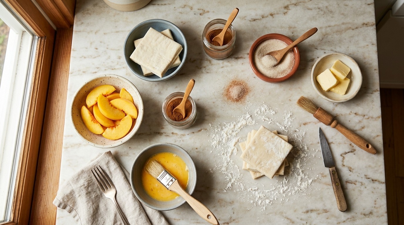 Sliced fresh peaches and pastry dough arranged for Handy Fried Peach Pies