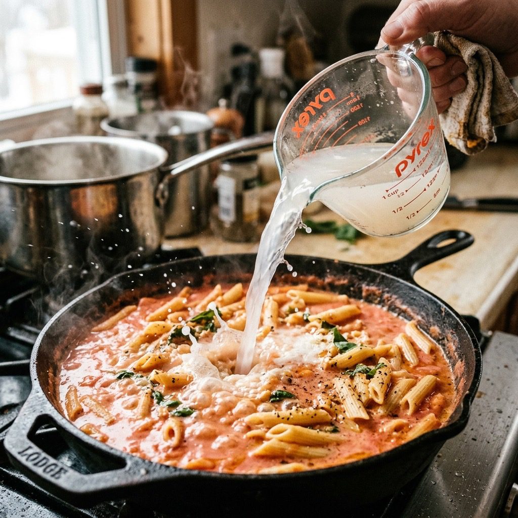 Extreme close-up action shot pouring starchy pasta water into a heavy cast-iron pan filled with simmering pink tomato-cream sauce and penne pasta