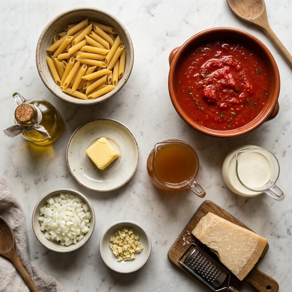 Overhead prep shot of penne pasta, olive oil, butter, diced onion, minced garlic, chicken stock, crushed tomatoes, heavy cream, and Parmesan cheese on marble