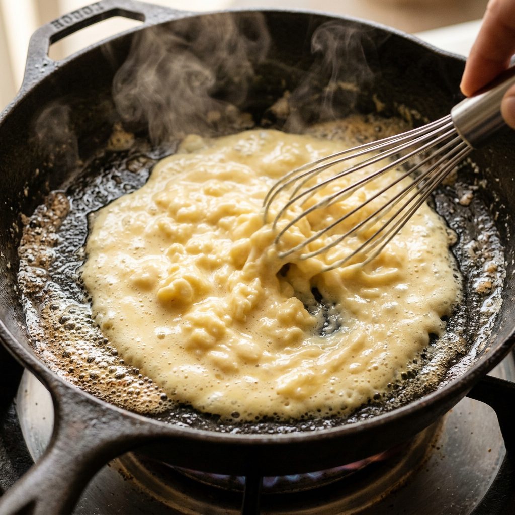 Extreme close-up of pale yellow eggs forming soft curds in a dark skillet