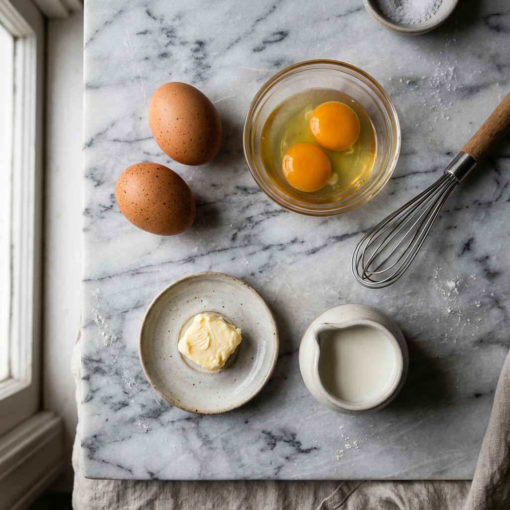 Overhead prep shot of brown eggs, milk, and a silver whisk on marble