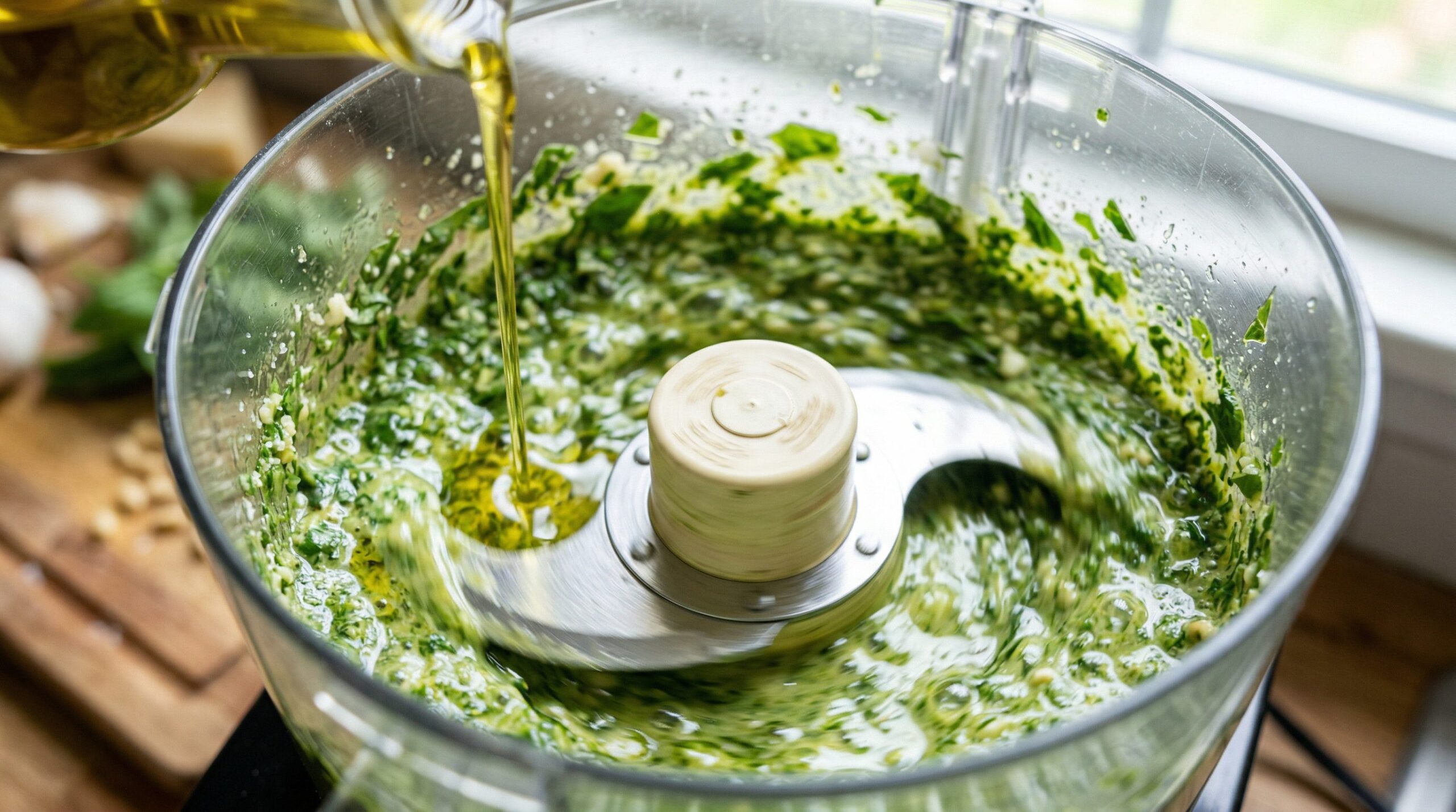 Olive oil being streamed into a food processor to blend garlic scape pesto